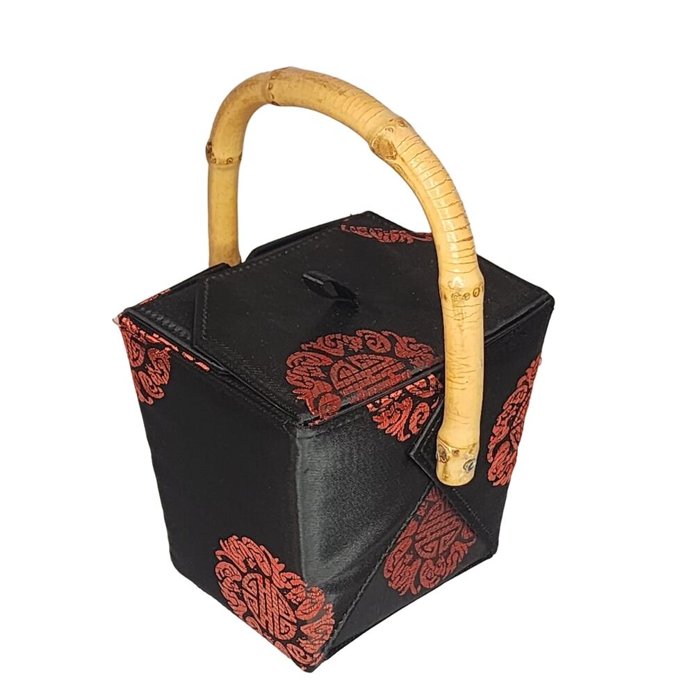 Tozai Chinese Takeout Box Purse Vintage Black & Red Satin Bamboo Top Handle